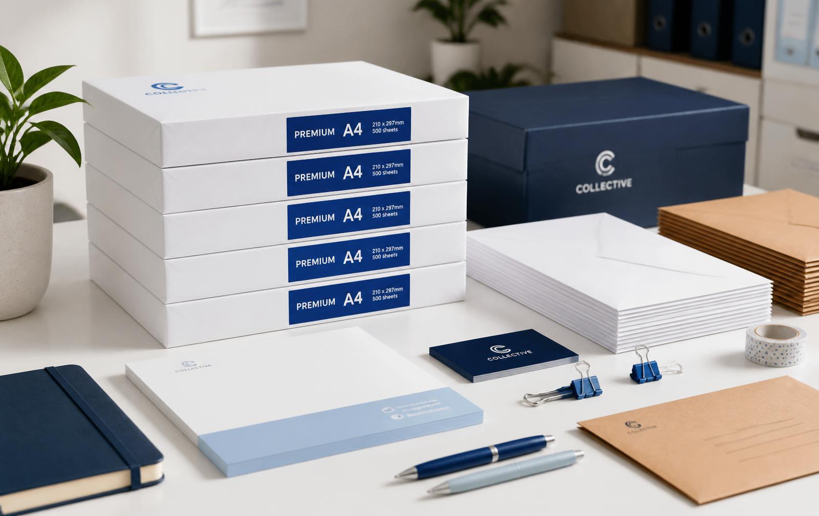 Neatly stacked A4 paper, white and kraft envelopes, and stationery on a clean office desk
